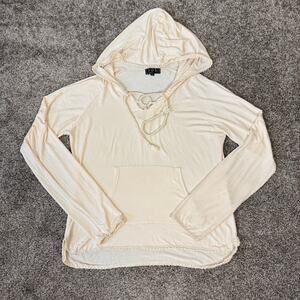 POL Women's Size Small Oversized Pop Over Lightweight Cream Hoodie Embroidered